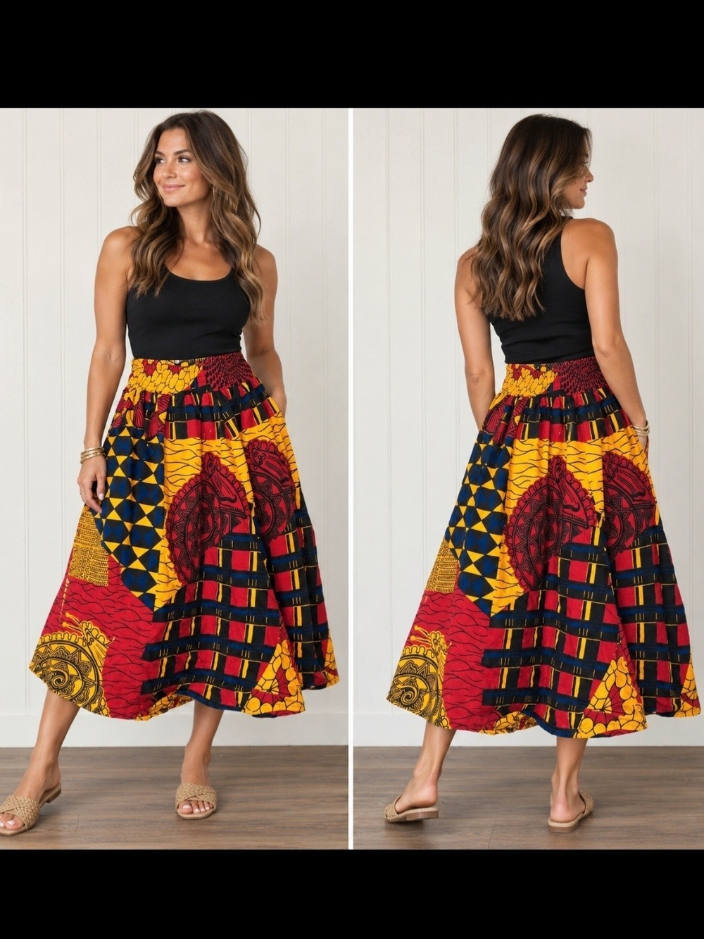 Vibrant African Print Maxi Skirt - Yellow Red Blue